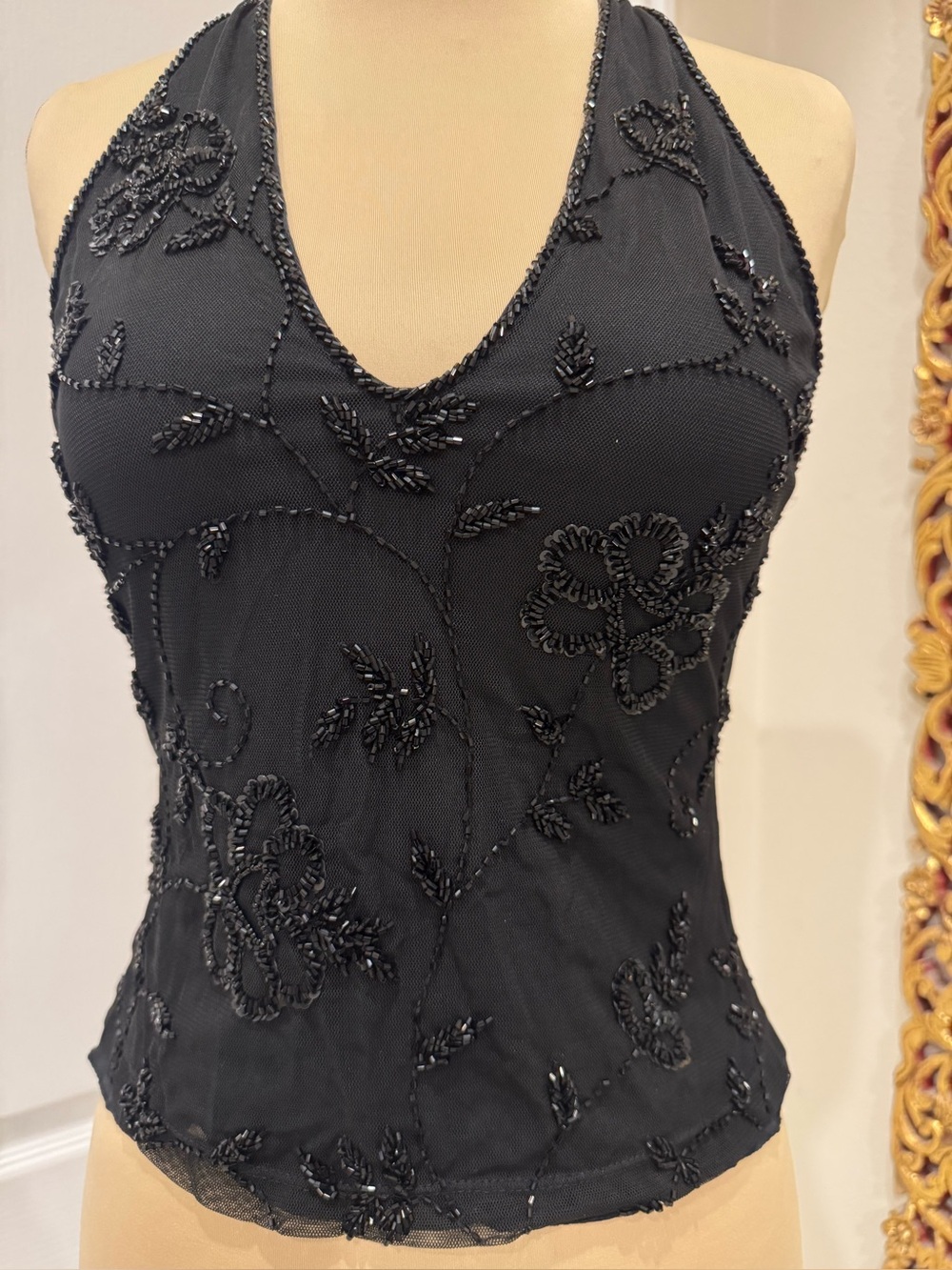 Stunning Black Halter Neck hand beaded floral top stretch fabric NWT. Size S